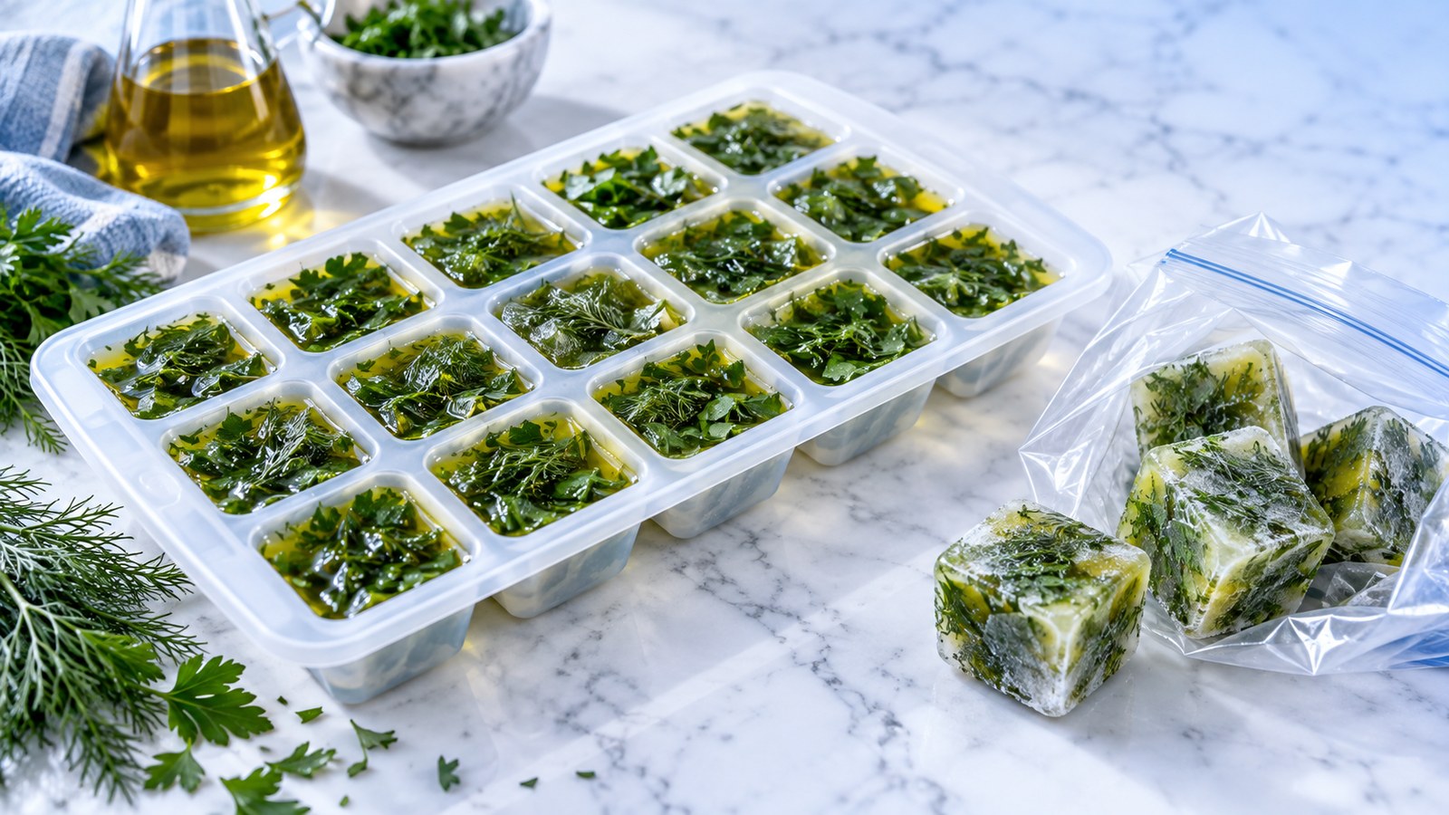 Формочка для льда с нарезанным укропом и петрушкой, залитыми оливковым маслом, рядом пакет с готовыми кубиками — заморозка зелени в масле