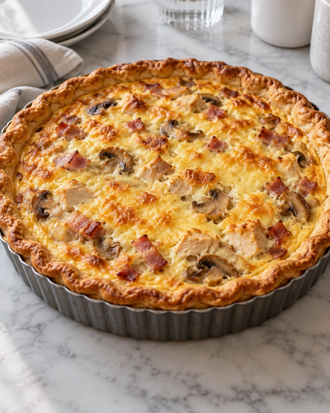 Лоранский пирог с курицей, грудинкой и грибами