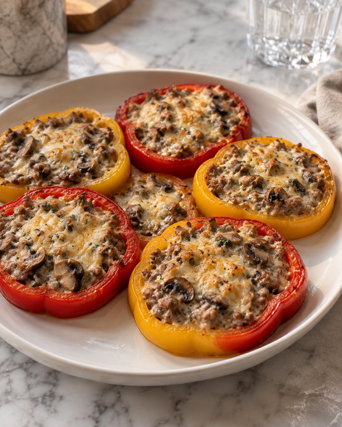 Кольца болгарского перца с курино-говяжьим фаршем и грибами