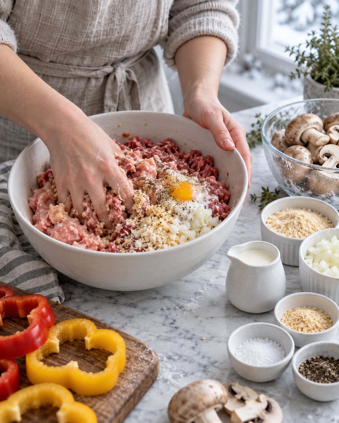 Кольца болгарского перца с курино-говяжьим фаршем и грибами — фото 3