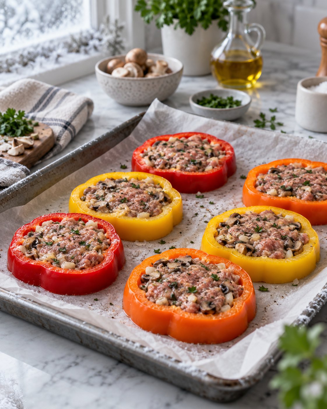 Кольца болгарского перца с курино-говяжьим фаршем и грибами — фото 6